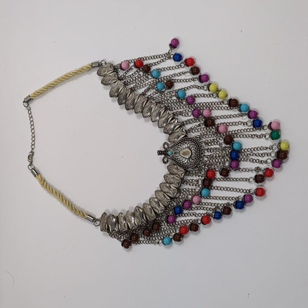 Bohemian Multi-Color Bead Fringe Necklace - Silver Tone